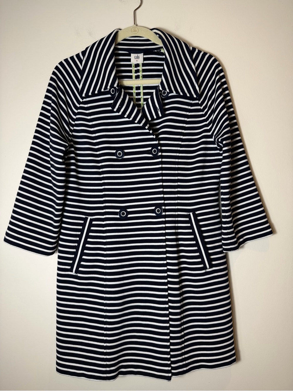 CAbi Maritime Navy White Striped Knit Trench Jacket Coat Double Breasted Medium
